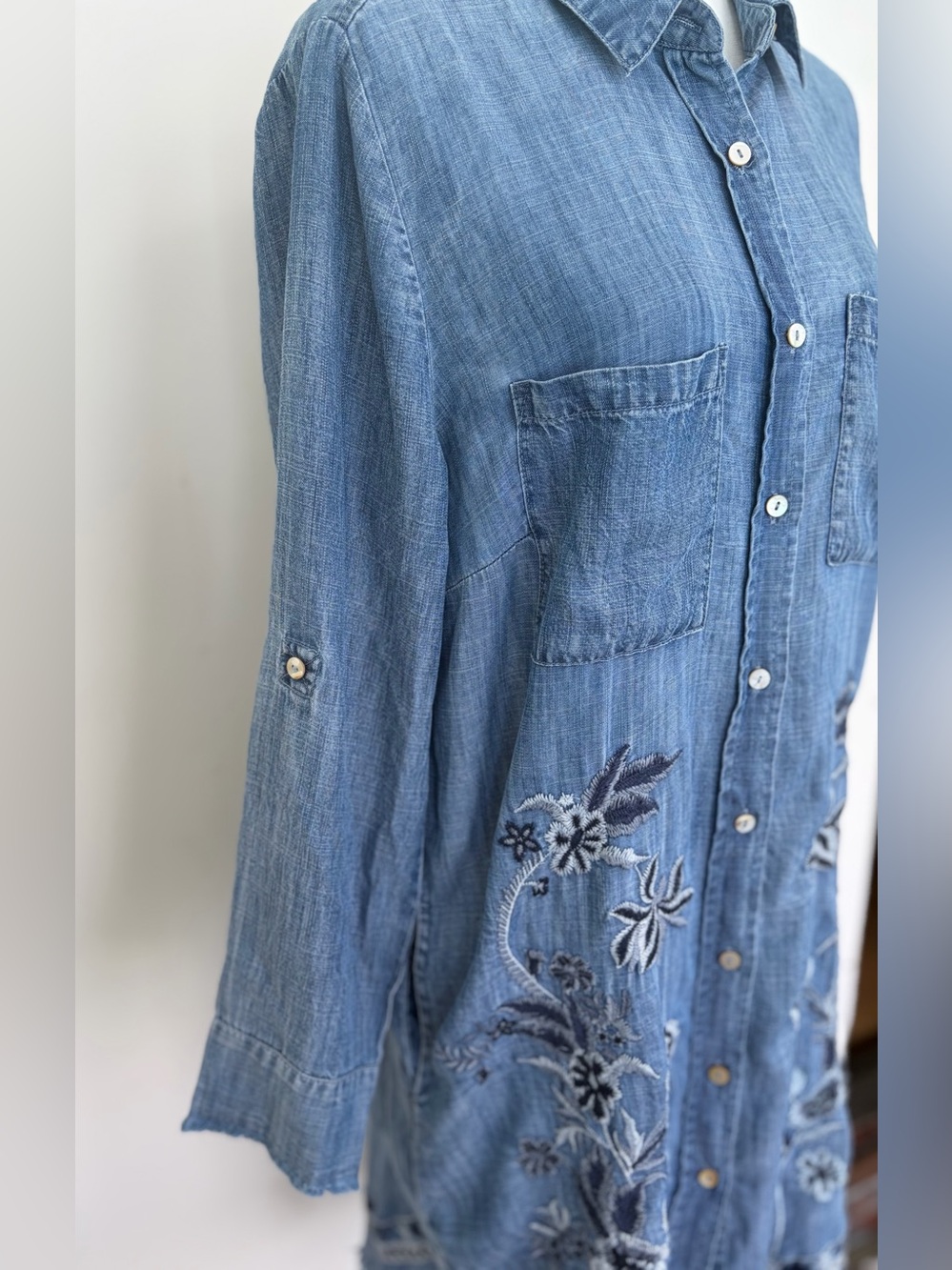 Kyla Seo Embroidered Chambray Button Front Shirt Dress Large - Picture 5 of 13